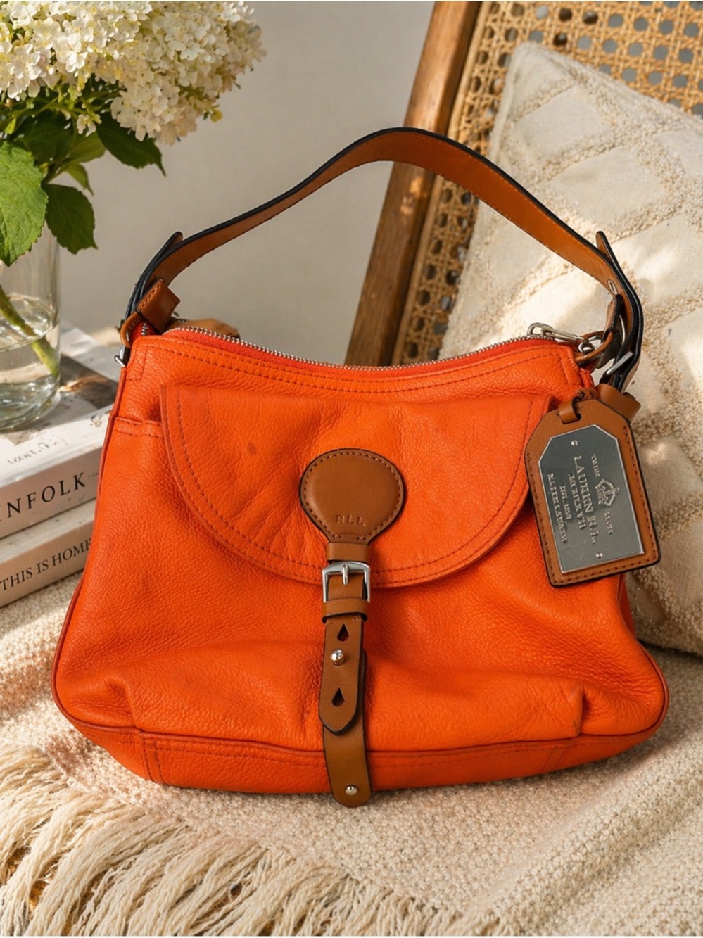 Lauren Ralph Lauren Orange Leather Shoulder Bag Buckle Flap Hobo Purse